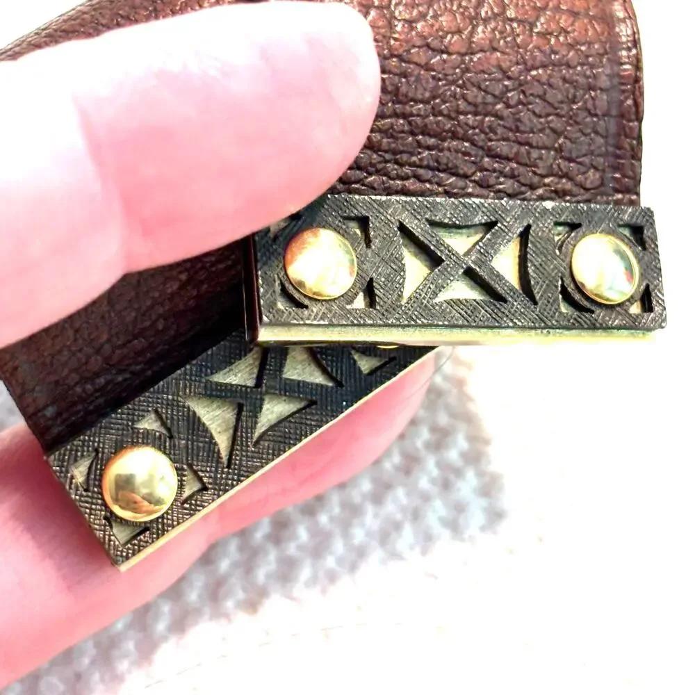 Vintage cufflinks brown leather wraps gold geometric details unique statement